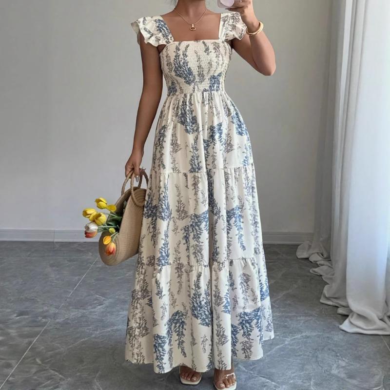 French Square Neck Dress Waist Long Dress European and American New Summer