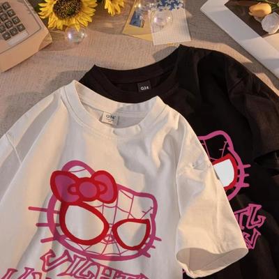MINISO Hello Kittys T-Shirt for Women Summer Girl Cartoon Printed Tops Cotton High-Quality Short Sleeve Loose Casual Couple Tees