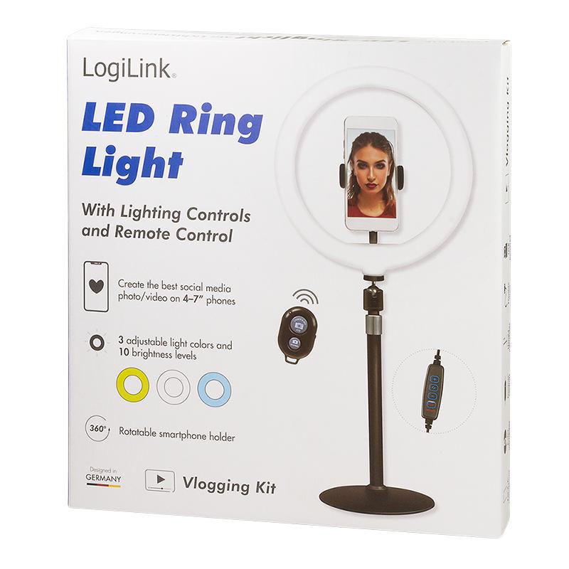 LED ring lamp LogiLink tripod height 40cm BT remote control for smartphone