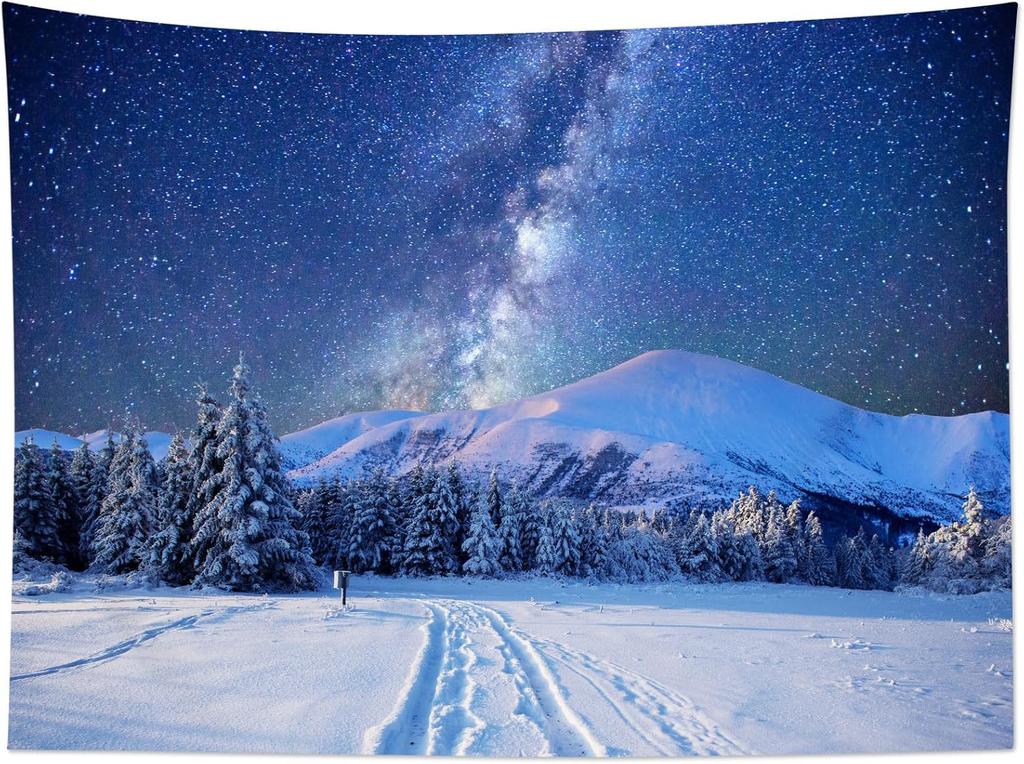 Starry Sky Tapestry Snow Mountain Wall Hanging Pine Tree Forest Tapestries for Bedroom Living Room Dorm Decor,80Wx60H inches