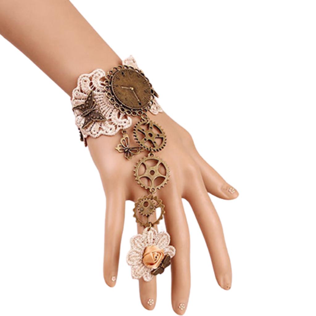 Women Bracelet Ring in 2 Colors with Gear Clock Wrist Guard and Adjustable Ring with Long Bracelet Women Cosplay Props