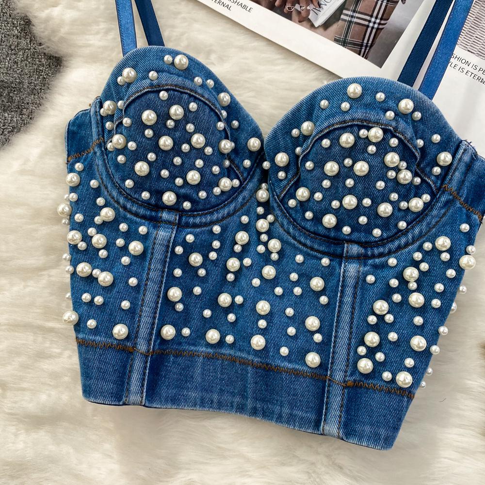 Vară Femei Sexy Curea Spaghetti Club Denim Sutien Cara De Lux Cu margele Perle Polo Dance Slim Shapewear