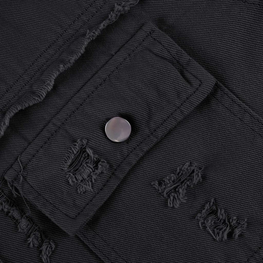 Womens Denim Jacket Button Down Shirts Distressed Frayed Coat  With Pockets