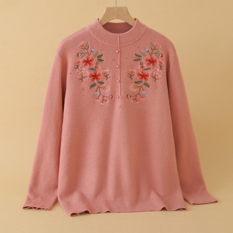 Mom Sweater Autumn and Winter Women's Fashion Embroidered Knitted Sweater Pullover Women's Clothing Fleece Warm Top Year-old Autumn Clothing