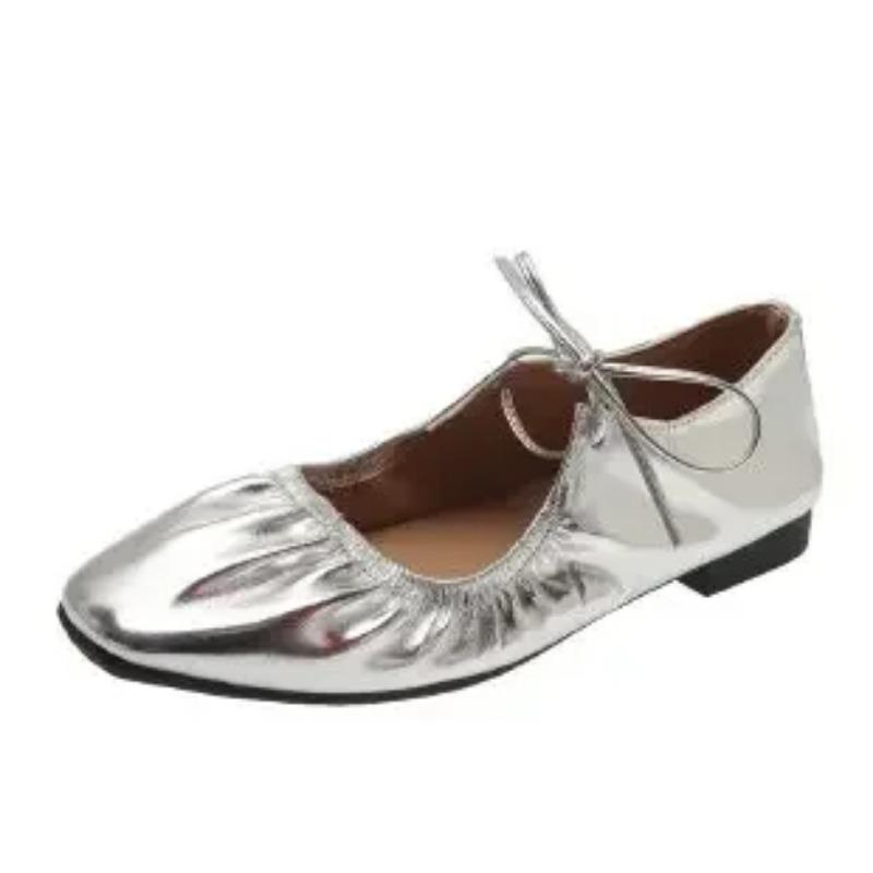 Women Flat Shoes Genuine Leather Sheepskin Comfort Flats Slip On Silver Beige Simple Shoes Spring Autumn Soft Loafers Square Toe