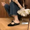 Sheepskin version~ French small square head one-word diamond strap leather Muller shoes inner height increase thick-soled half slippers women's cool s