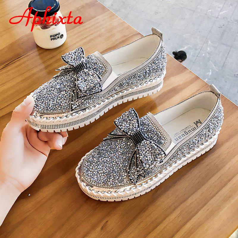 Fashion Aphixta Fashion Big Size 42 43 Flats Women Leather Loafers Flat Platform Wine Red Shoes Crystal Sequined Bow Casual Shoes