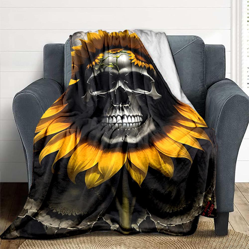 

1pc Skull Sunflower Artwork Blanket, Lightweight Flannel Fleece with Digital Printing, Soft Warm for Sofa, Travel, Camping, Office, Couch, Chair, and 100x150cm