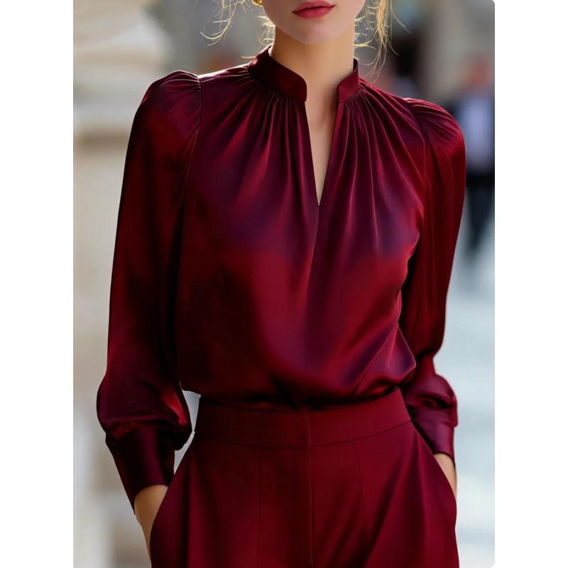 2026 Satin Stand Collar Blouse With Puffed Sleeves Long Sleeve Womens Office Wear