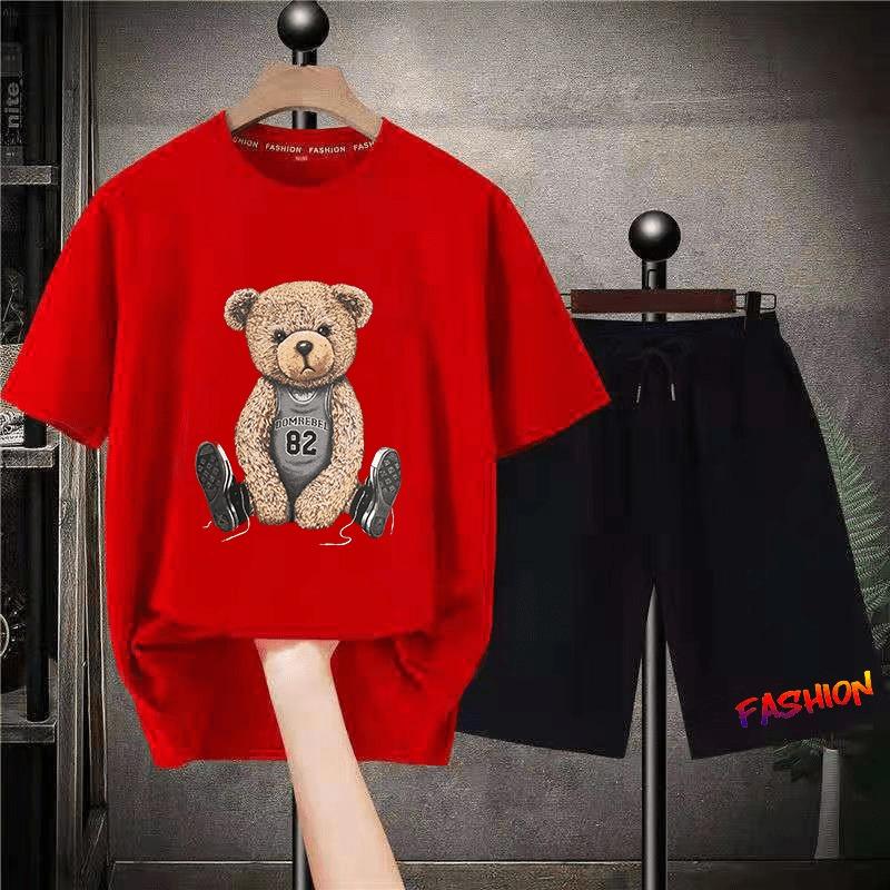 Korean Brand Bear Print T-shirt Men's Cotton Short-sleeved Oversized T-shirt Hip-hop Retro Suit Unisex Free Shipping