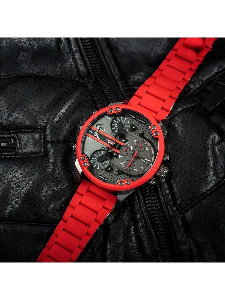 Diesel Oversized 57mm Chronograph with Red Strap for Men – Bold Statement Timepiece for Night Out, Street Style & Festival Vibes – DZ7370