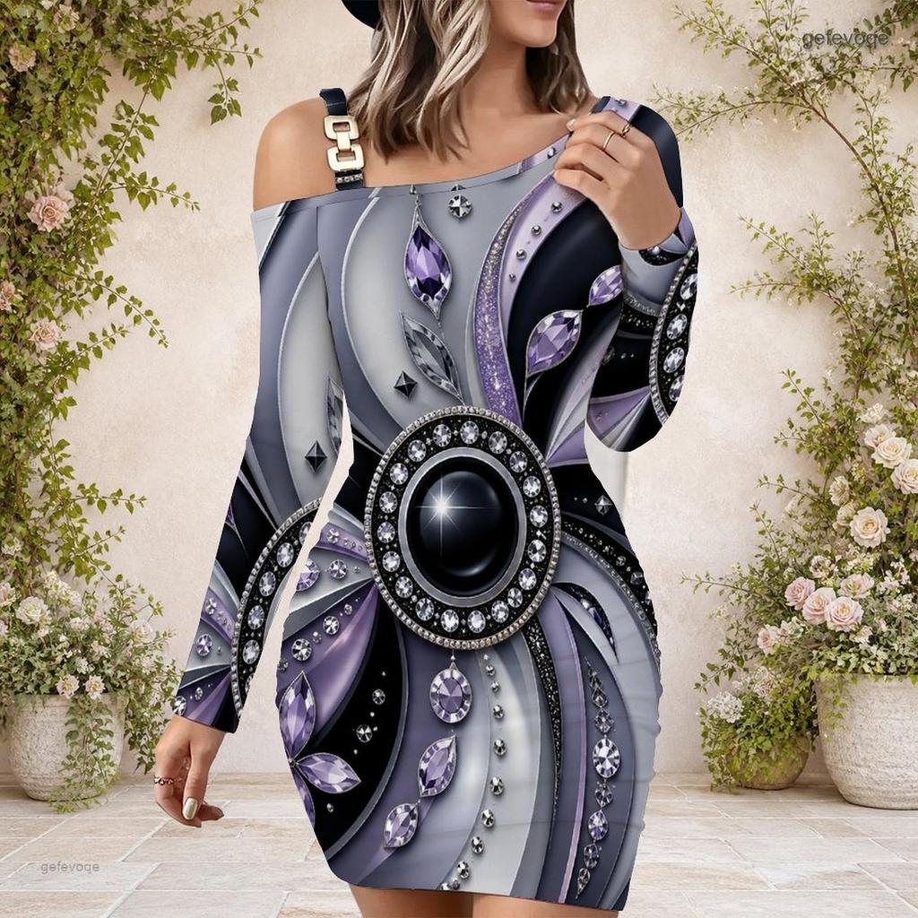 Women Plus Size One Shoulder Long Sleeve Gem Printed Purple Black Gray Bodycon Mini Dress