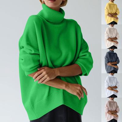 Women's Turtleneck Sweater Solid Color Loose Long Sleeved Jumper Knitted Sweater Soft Pullover