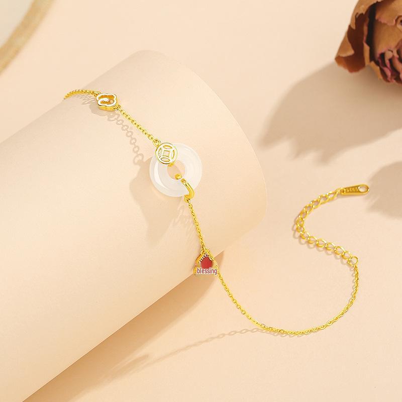 Tichiya Women s White Chalcedony Ping an Buckle Bracelet, S925 Sterling Silver with Auspicious Clouds & Gourd Design, New Chinese Style Jewelry S925 Silver