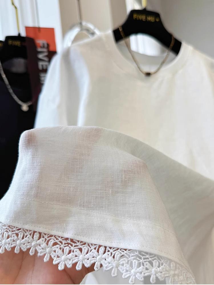 Damen T-Shirt mit kurzen Ärmeln aus Baumwoll-Leinen mit Spitzenbesatz - Schickes & Bequemes Sommeroberteil