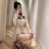 Elegant Chinese National Style Floral Cheongsam Dress - Spring Long Sleeve, Waist-Cinching, Slim Hip-Hugging Skirt with Frog Button Design.