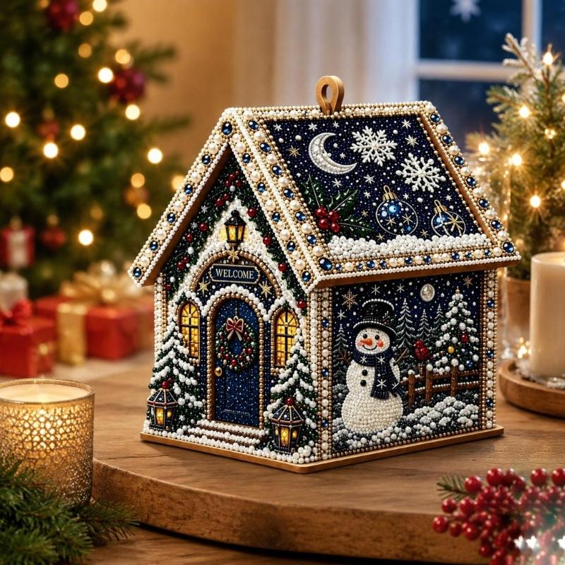 Wooden Christmas Houses Craft Set with Rhinestones Painting Piece, Pearls-Style Accents, and Tools for Hands-On Decorating