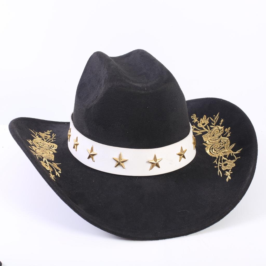 Popular European and American Classic Suede Western Cowboy Hat Men's and Women's Big Brim Embroidered Outdoor Sun Hat