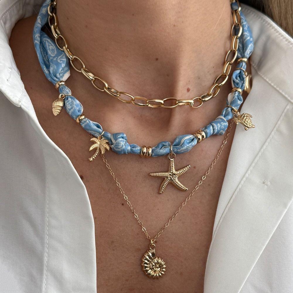 Leopard Print Scarf Necklace Sea Star Beads Chain Choker Trendy Bohemian Style Necklace  Vacation