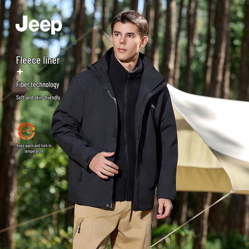 

JEEP Men s 3-in-1 Warm Windproof Fleece-Lined Hooded Outdoor Jacket 3XL