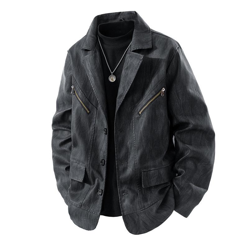 Washed Retro Motorcycle Suit Leather Jacket Spring and Autumn Men's Loose Suit Collar Leather Jacket Zipper Jacket