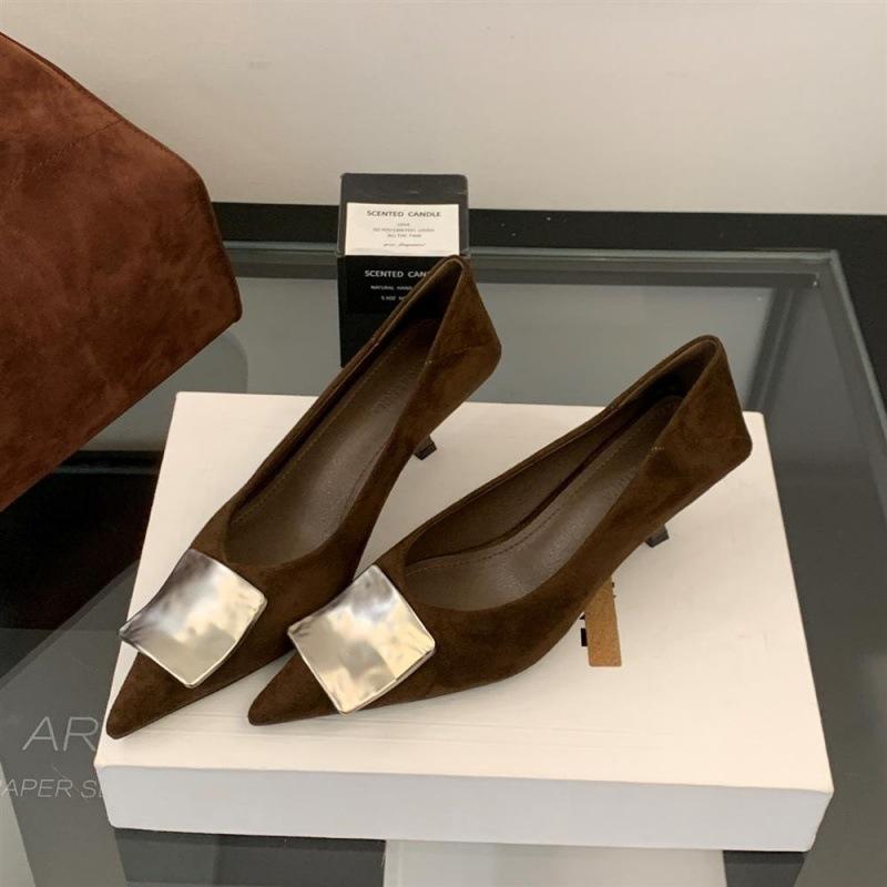 Large size fine heel suede pointed head shallow mouth single shoes women's new metal buckle cat heel temperament versatile evening shoes women