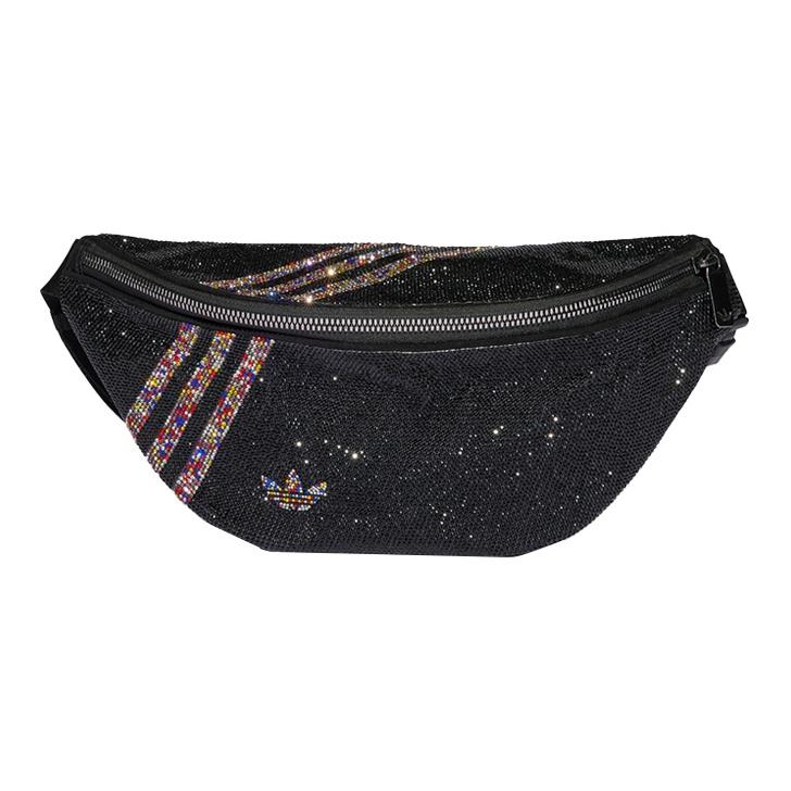 Adidas Originals Three Stripes Shiny Rhinestone Zipper Closure Polyester Shoulder Crossbody Waist Bag Women bags Black HD7036 Black