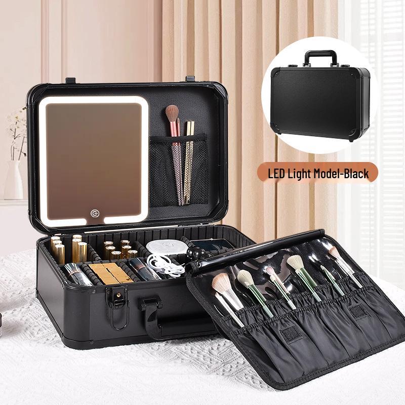 Portable Makeup Case with Mirror & Lights, Handheld Cosmetic Storage, Professional Makeup Artist's Hanging Suitcase.