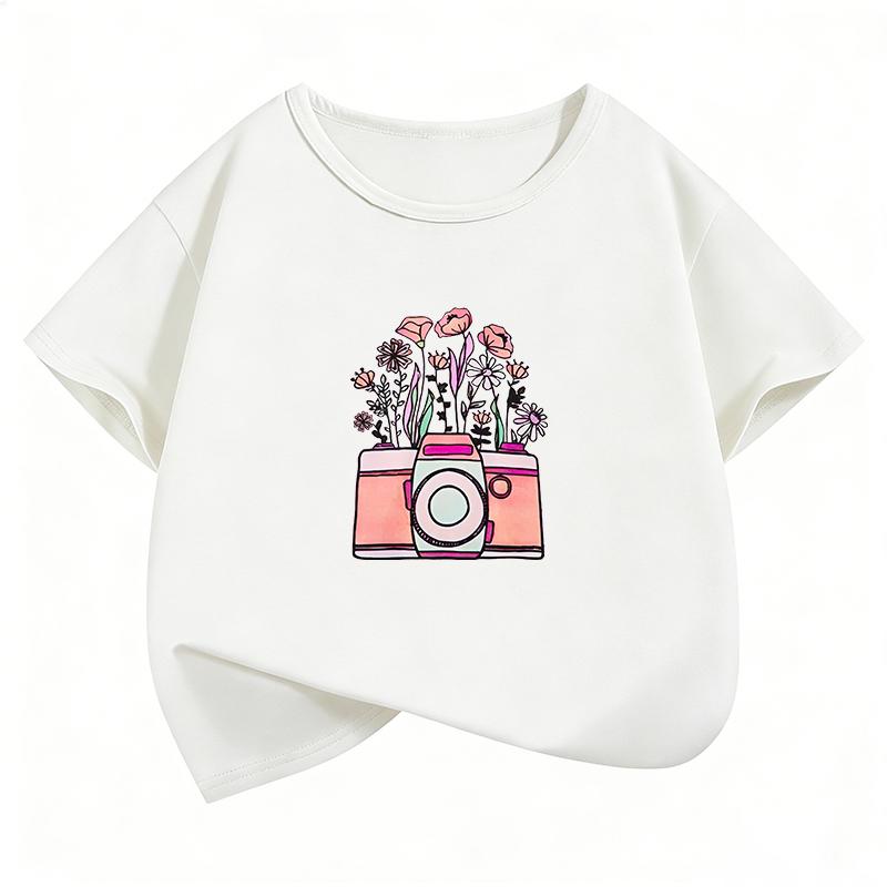 Summer Spring Vintage Camera with Flowers T Shirts Funny Retro Kids Children's T-shirt Boys Girls Casual Top Tee