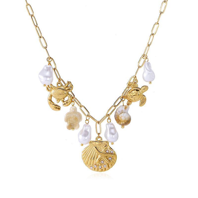 Ocean Series Starfish Shell Necklace Women's Stainless Steel K Gold Multi-element Pendant Hot Selling Holiday Style Jewelry