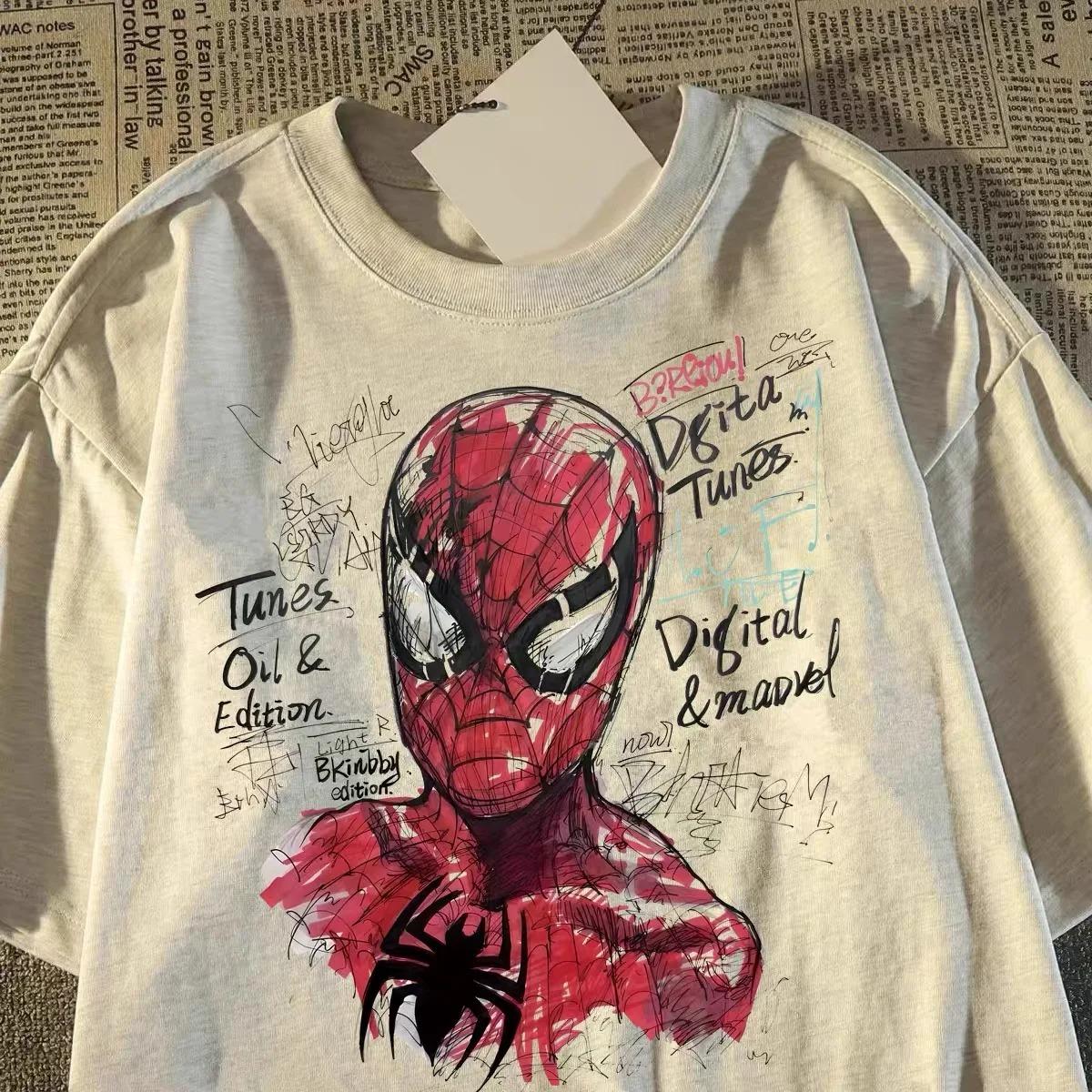 

Spider-Man Sketch Graffiti Oversized T-Shirt, Marvel Superhero Graphic Tee, Unisex Casual Top XL бежевий