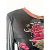 Women's Elegant Floral Print Crew Neck Long Sleeve T-Shirt - Semi-Sheer High Elasticity Top with Peony & Bird DesignSpring/Fall Casual Blouse