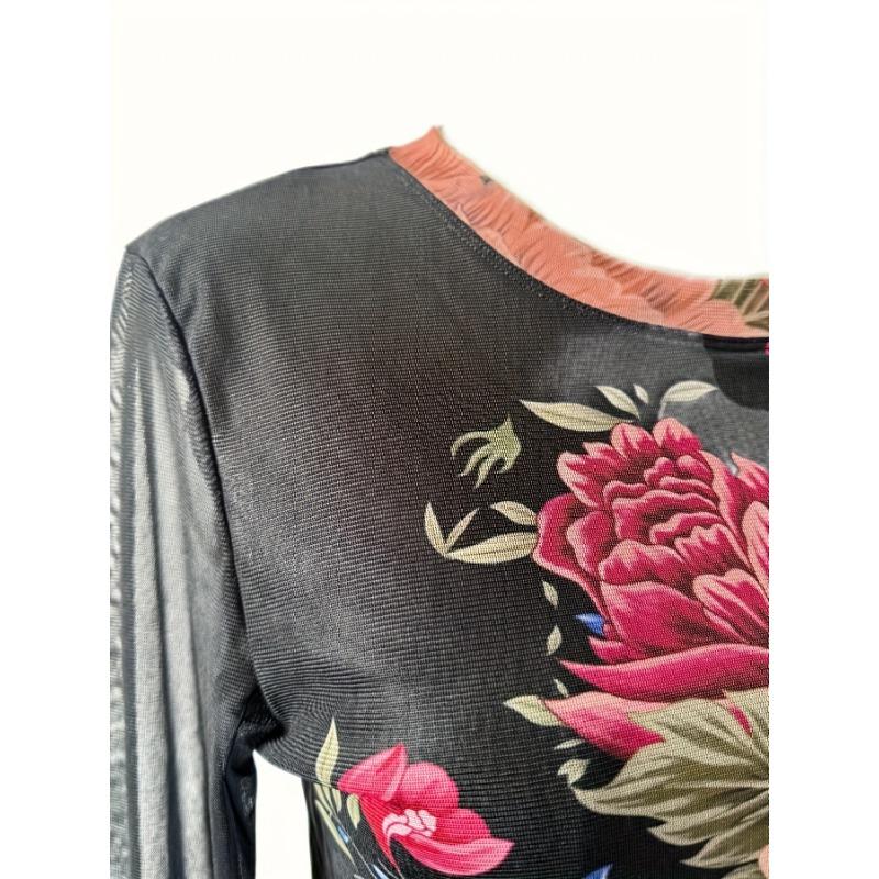 Women's Elegant Floral Print Crew Neck Long Sleeve T-Shirt - Semi-Sheer High Elasticity Top with Peony & Bird DesignSpring/Fall Casual Blouse