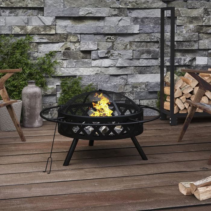 VidaXL Fire Pit with Poker, Barbecue Fire Pit with Bowl, Camping Fire Pit with Lid, Fire Pit with Ring Garden 360058