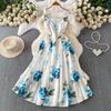 European and American vacation romantic style printing square neck suspender dress women's summer high-end feeling waist and thin big swing dress