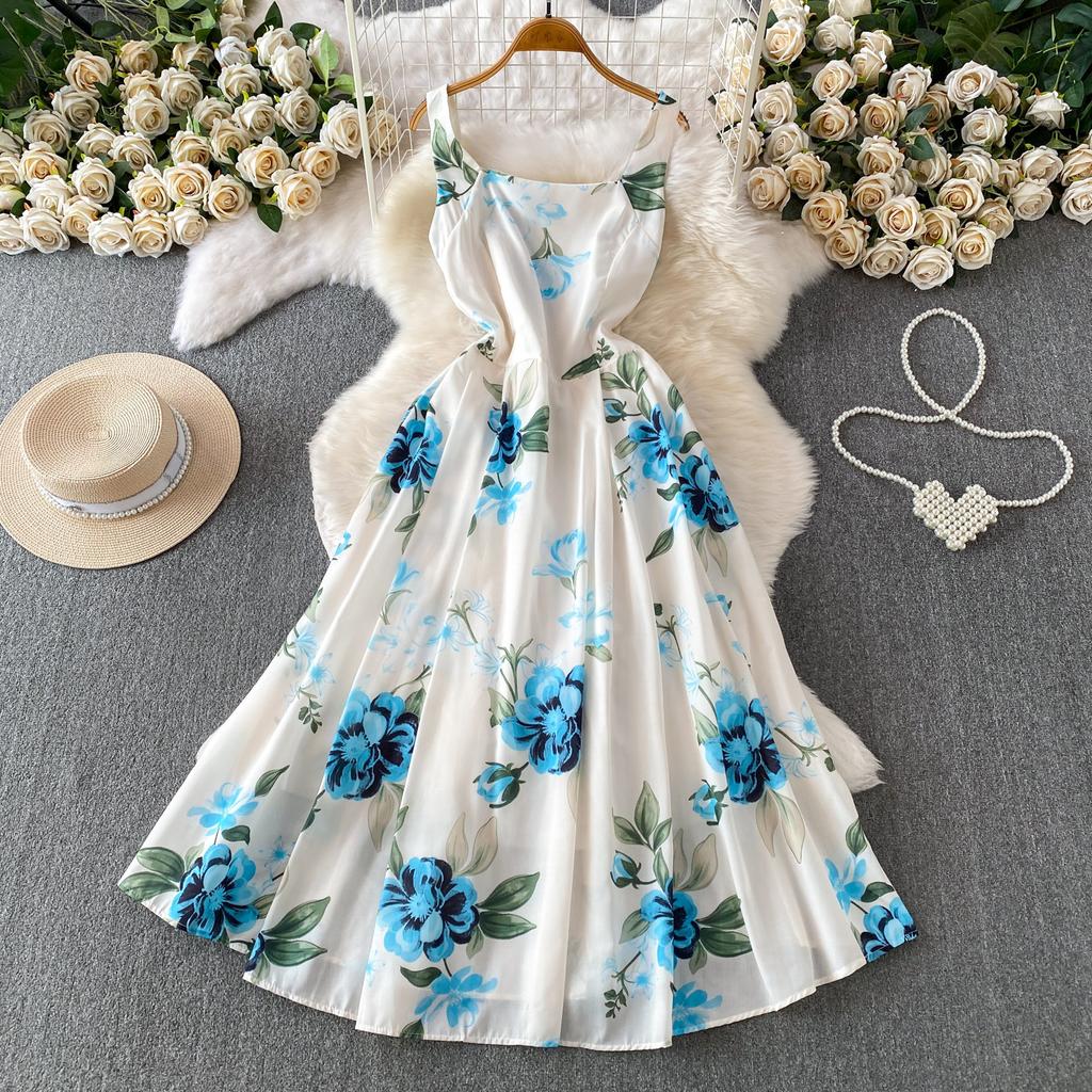 European and American vacation romantic style printing square neck suspender dress women's summer high-end feeling waist and thin big swing dress