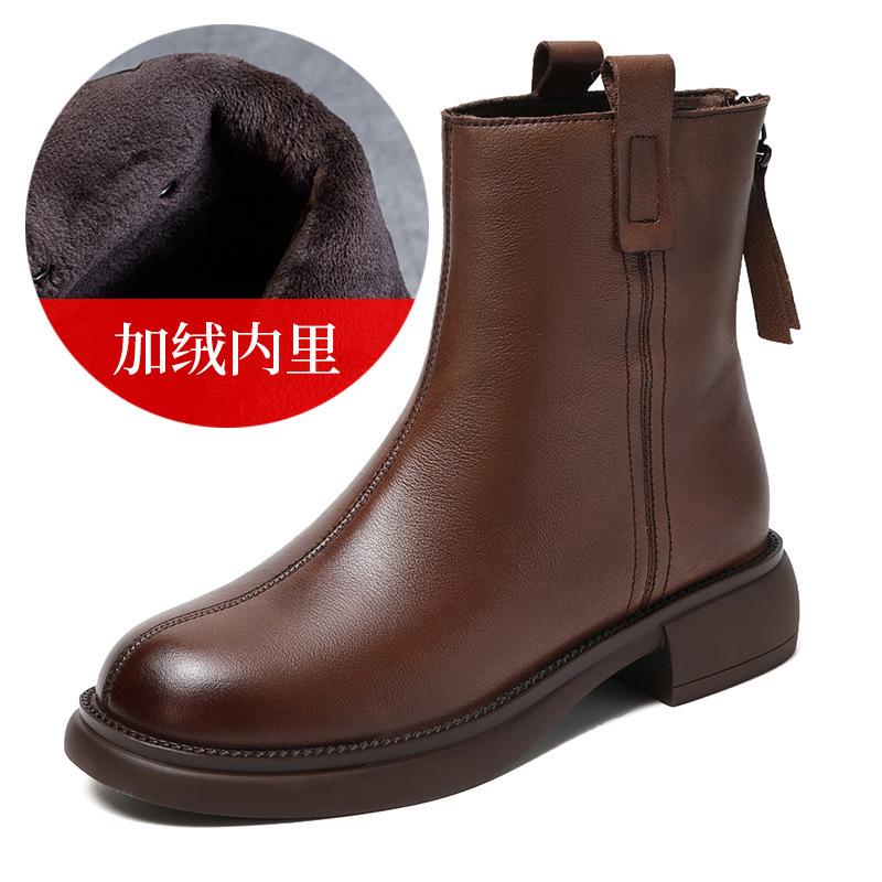 Leather Women's Shoes 2026 Autumn and Winter New British Retro Rear Zipper Thick Heel Boots Martin Boots Skinny Boots Women's Short Boots