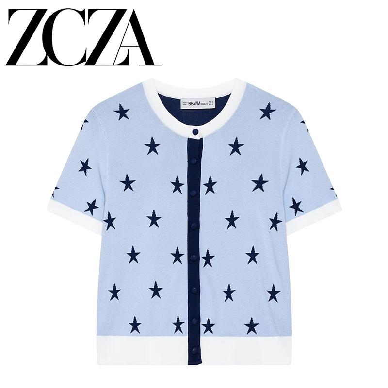 European and American style, new women's clothing, fashionable, versatile, round neck star-shaped color matching jacquard knitted sweater