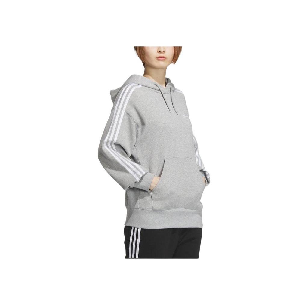 adidas College Style Striped Logo Embroidered Loose Fit Drop Shoulder Long Sleeve Drawstring Hoodie Women Hoodies Gray JF1407