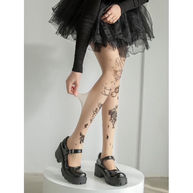 

Lip tattoo pattern stockings, spring/summer printed Lolita style new floral Alice pantyhose, women s commuting tights Average Size