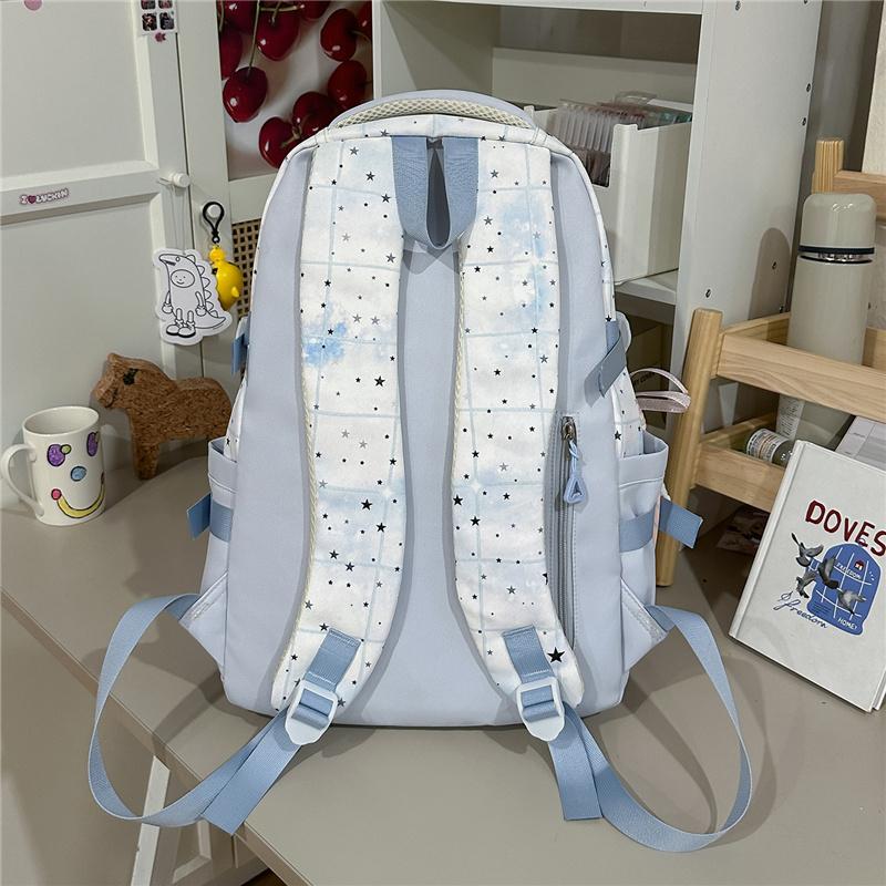 Cute Star Print School Backpack Lightweight Nylon Zipper Daypack with Clear Pocket for Teen Girls Daily Travel