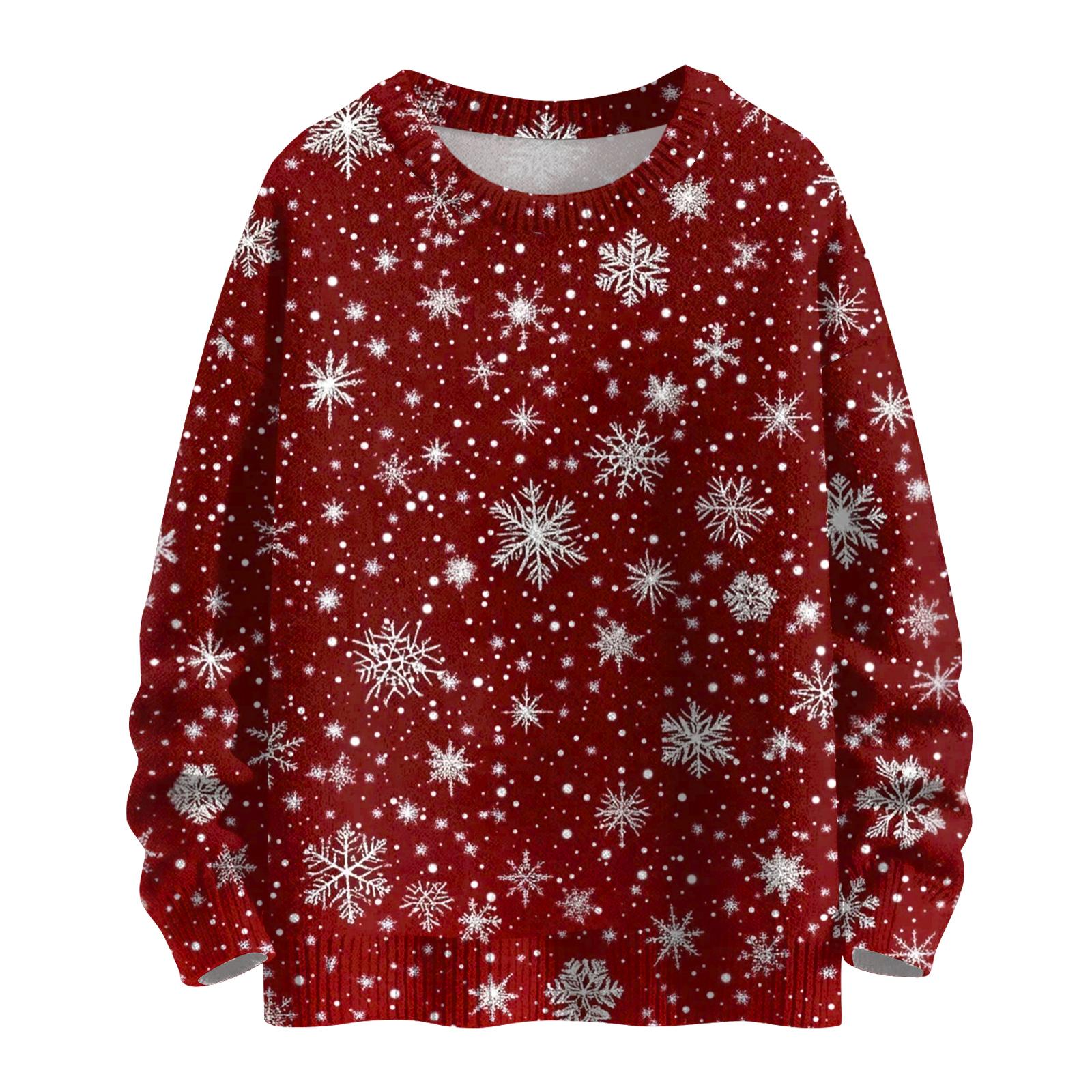 

Женский модный повседневный трикотажный свитер с длинным рукавом и рождественским принтом, круглый вырез XL винный