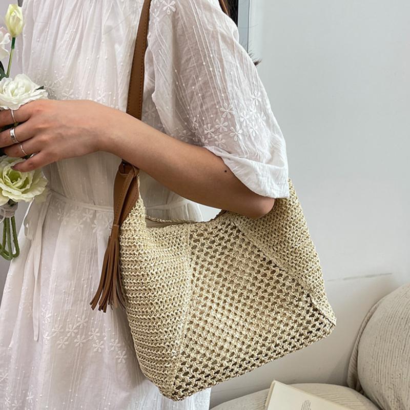 Yogodlns Borsa in Paglia Intrecciata Versatile da Appendere Estiva alla Moda con Lavorazione a Intreccio Vuota Borsa da Spiaggia in Erba Intrecciata a Mano Borsa a Spalla Singola da Donna