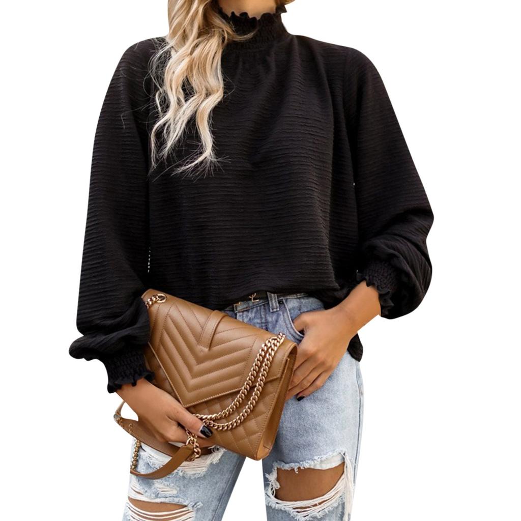 Womens Casual Long Sleeve Round Neck Chambray Blouse Top