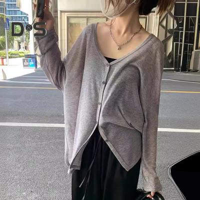 Spring Autumn Cardigan Coat V-neck Long Sleeve Single Breasted Coat Solid Color Loose Fit Thin Jacket Daily Wear