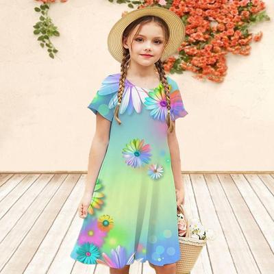 Girls 3D Print Dresses Kids Girl Party Sleeveless Princess Dress Tank 3D Multicolored Daisies Print Dress