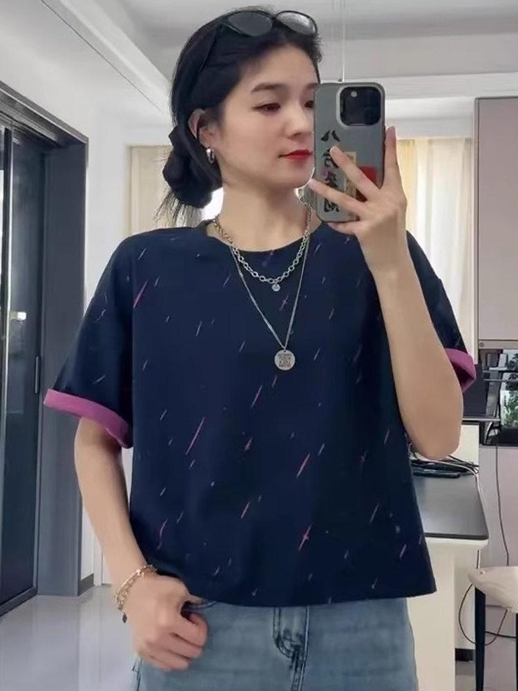 

Унисекс футболка свободного кроя с круглым вырезом и короткими рукавами 2025: Летний американский уличный стиль Large темно-синий