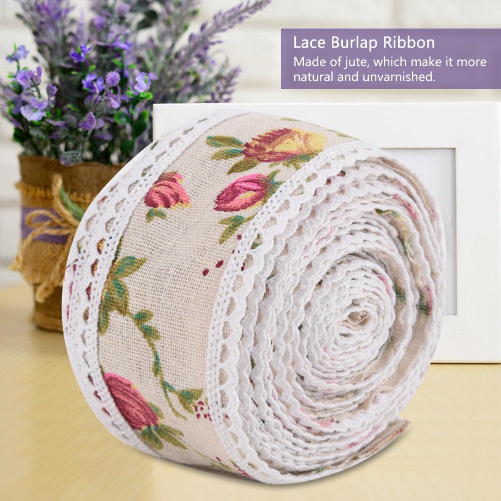 DIY Lace Printed Flower Burlap Ribbon Hessian Jute Belt Strap Wedding Cloth Decoration 5m