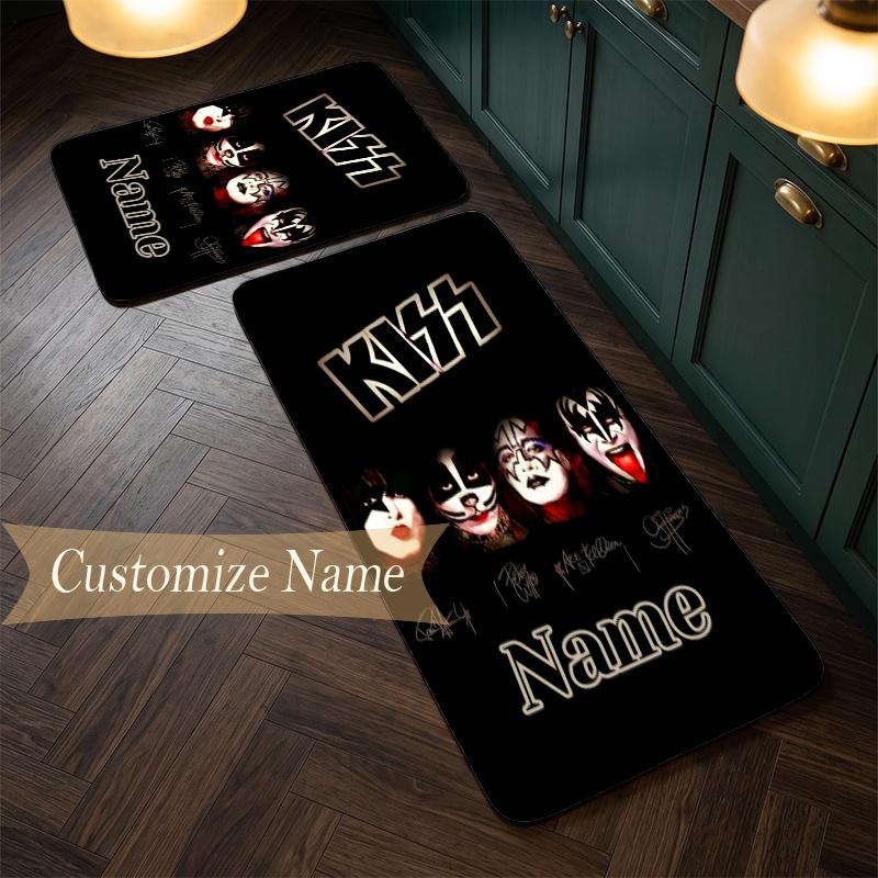 kiss band (1) Customize Name Flannel Kitchen Mat Soft Non-Slip Kitchen Floor Runner Rug for Home Kitchen Decor