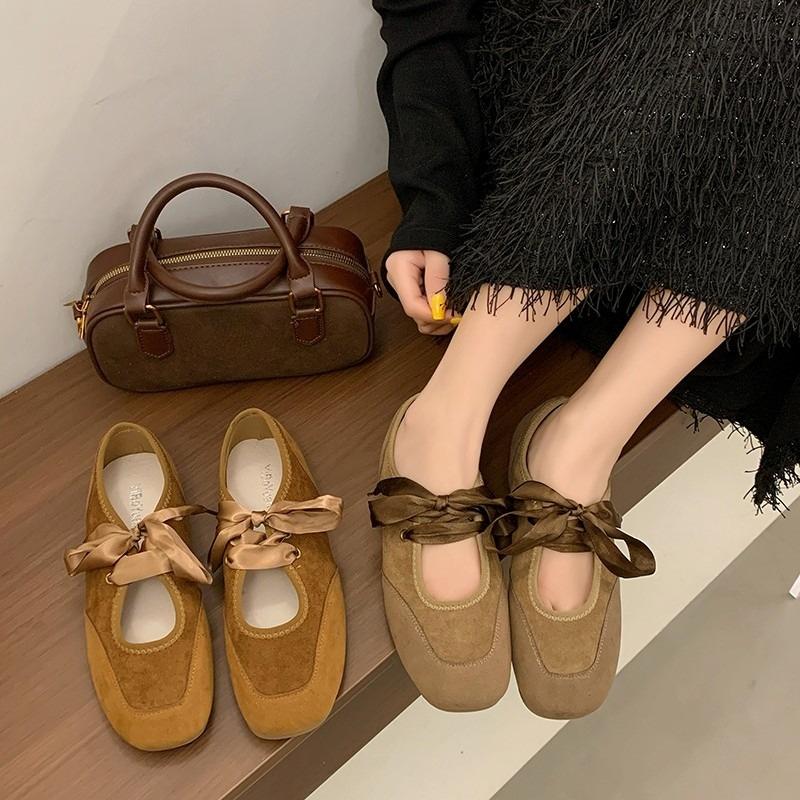 Fashion 2025 Shallow Bow Lace-Up Women's Retro Square Toe Bull Tendon Flat Single Shoes